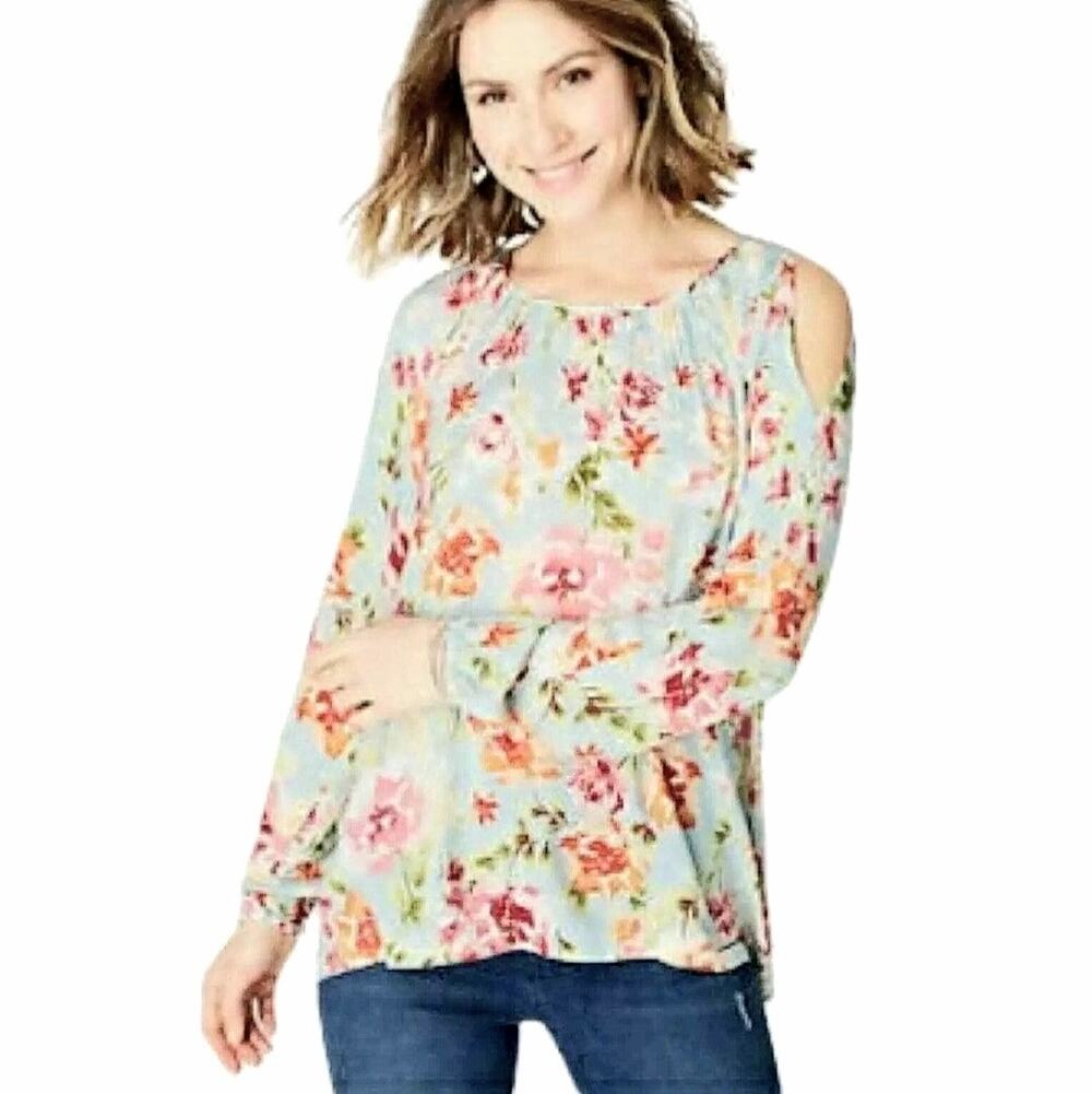 J jill Cold Shoulder Floral Blouse Top S Blue Multicolor Lightweight Challis NEW